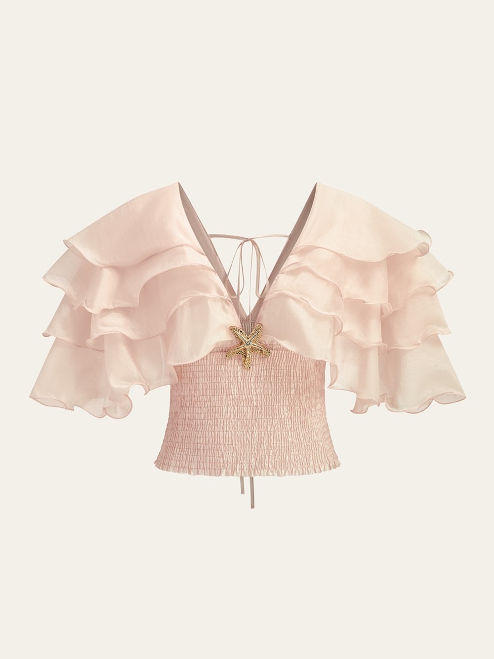 Commense Semi-Sheer Ruffled Metal Decor Waist-Cinching Blouse